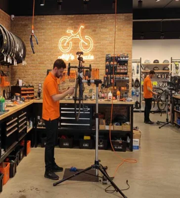Bicycle being repaired in workshop